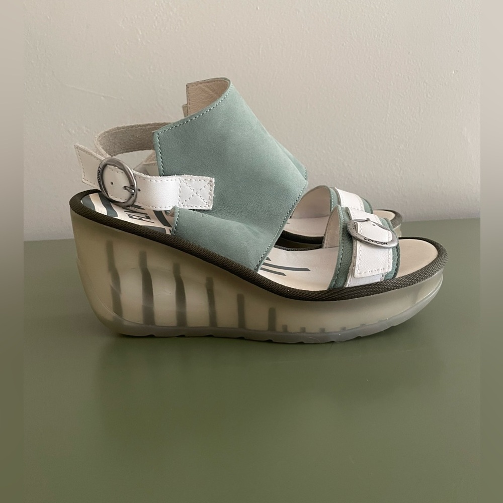Fly London Green and White Wedge Sandals
